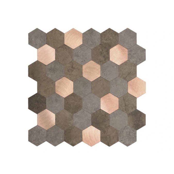 2704008 Samolepiace obklady, kovové a kamenné šesťuholníky, rozmery šírka x výška 29 x 28,8 cm