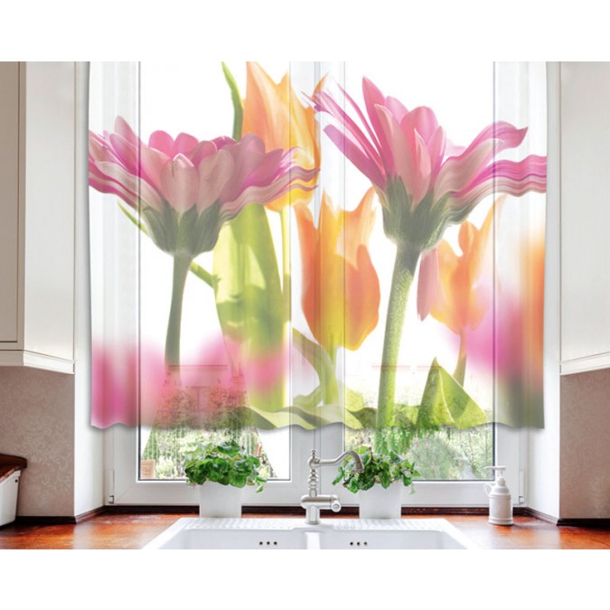 VO-140-010 Textilné fotozáclona s obšitím a rašiace páskou, Jarné kvety, veľkosť 140 x