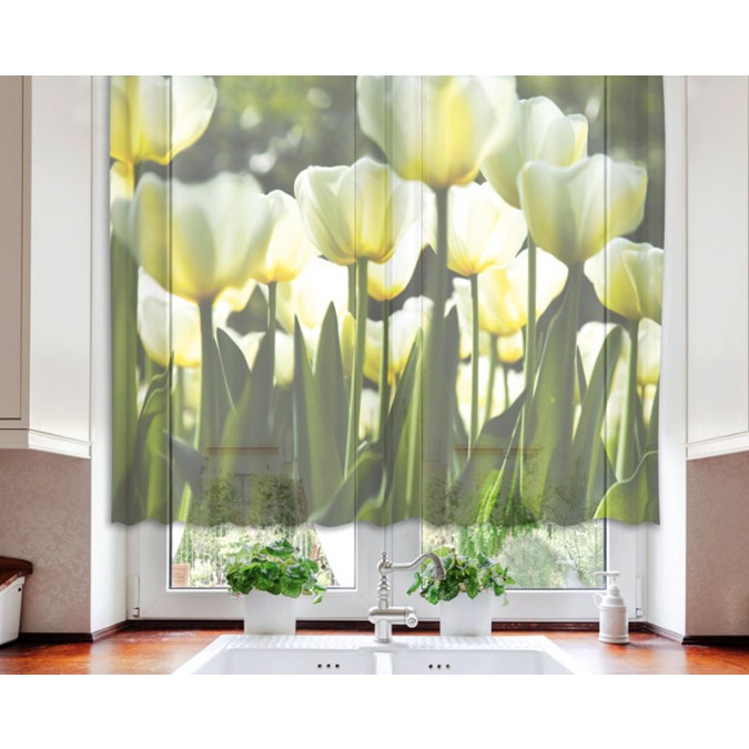 VO-140-012 Textilné fotozáclona s obšitím a rašiace páskou, Biele tulipány, veľkosť 140 x